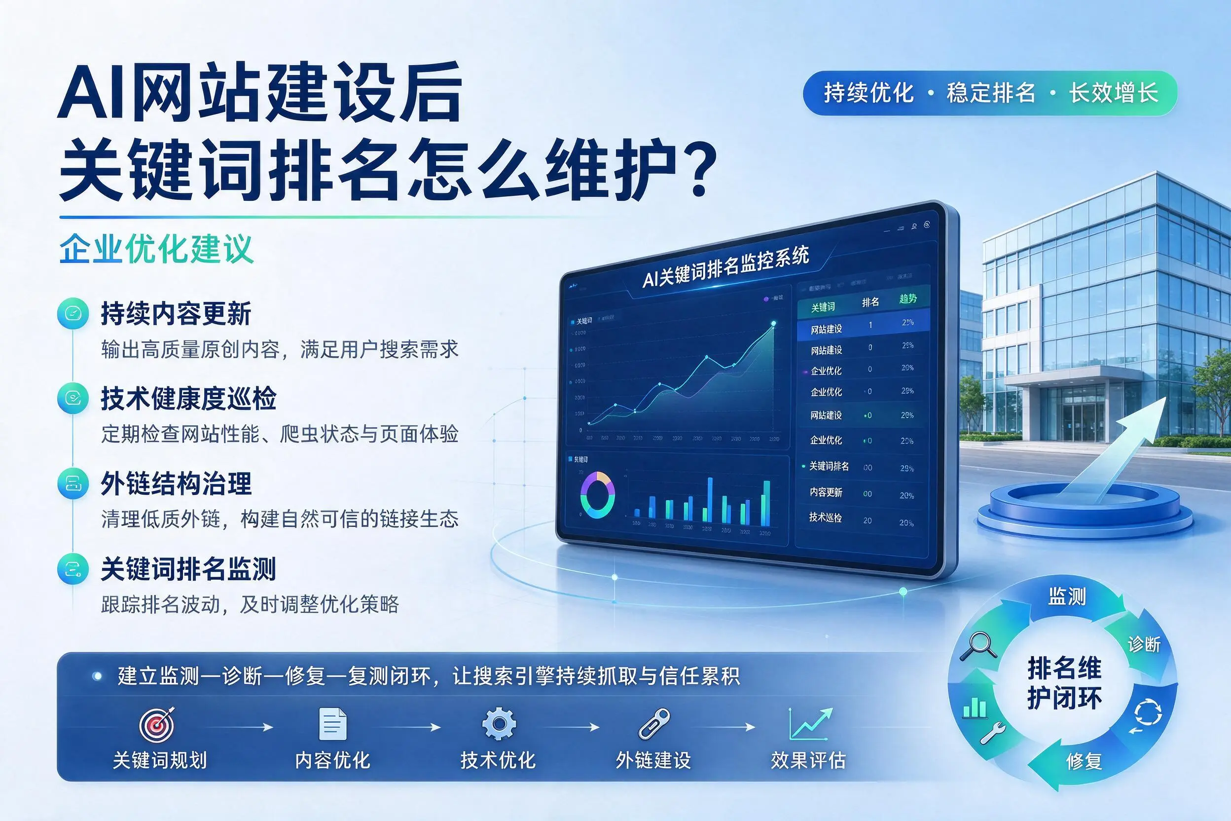 AI网站建设后关键词排名怎么维护?吐鲁番企业优化建议